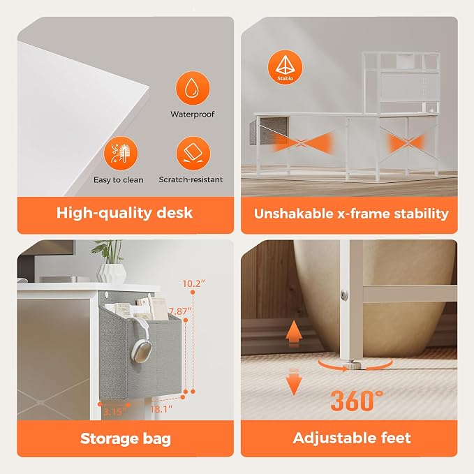 Mericonia 59 inch Large L Shaped Desk with Pegboard Hutch & Shelves, Corner Gaming Desk with Power Outlet, LED Light & Storage Bag, Reversible Computer Desk for Home, Bedroom, Office Workspace, White