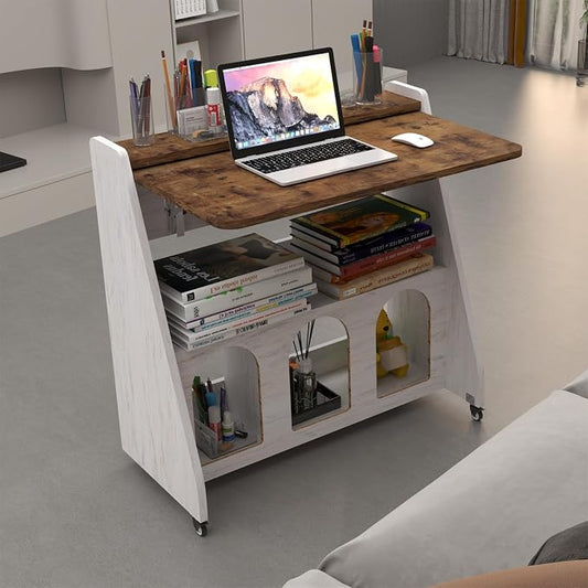 Pmnianhua Farmhouse Portable Desk on Wheels,Mobile Workstation,Rolling Computer Desk with Wheels and Storage for Home Office Small Space(Rustic Brown)