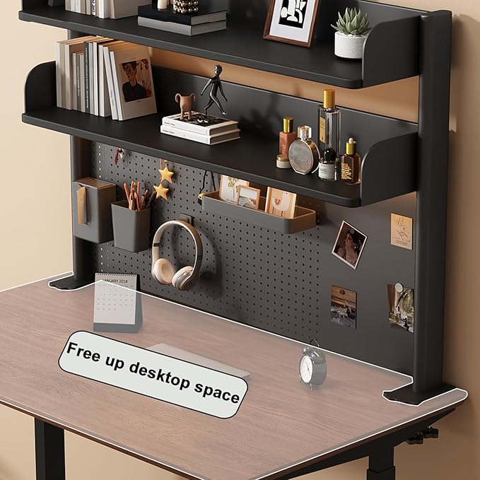 Clamp on Desk Shelf with Pegboard, Black Desktop Bookshelf Organizer Storage Shelves for Home Office Dorm Gaming Desk, Space Saving Tabletop Display Rack Organization (Black, 23.6in)