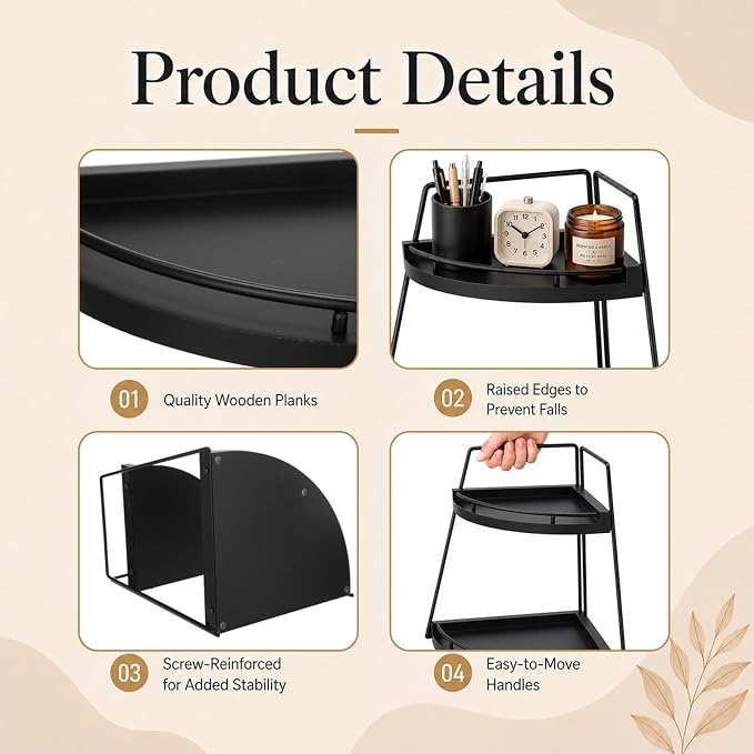2-Tier Triangle Corner Desk Organizer, 9.6 x 9.6 x 12.2 in Black Wood Base and Iron Space-Saving Storage Shelf, Easy Assembly Corner Counter Shelf for Kitchen Countertop, Bathroom Vanity, Office Rack