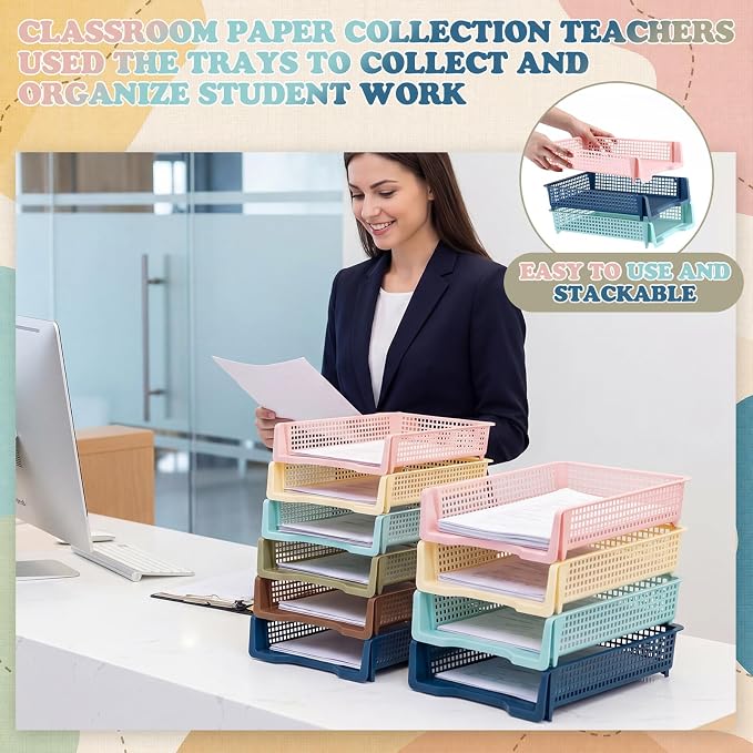Weysat 12 Pcs Turn in Trays Classroom, Stackable Paper Tray for Classroom Organization Plastic Desk File Organizer Bin Basket for Library Drawer Teacher Office Document Storage (Morandi Tones,Narrow)