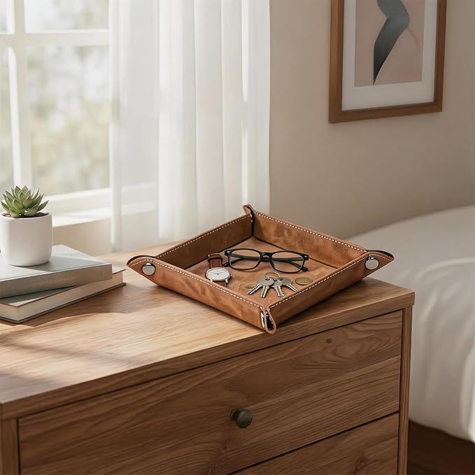 Valet Tray Desktop Storage Organizer – Vegan Leather Catchall Bedside Vanity Tray Nightstand Caddy Holder for Remote Controller, Watch, Keys, Phone, Wallet, Coin, Jewelry, Stone Khaki