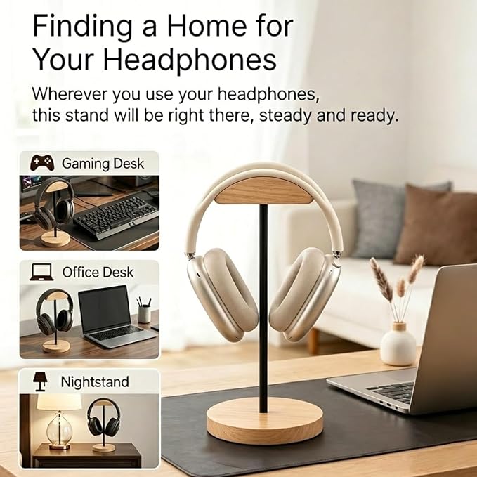 Headphone Stand Nature Wood & Metal Headset Hanger Mount Hook Gaming Holder Desktop Earphone Artful Functional Craftmanship Stand for All Headsets with Solid Wooden Base
