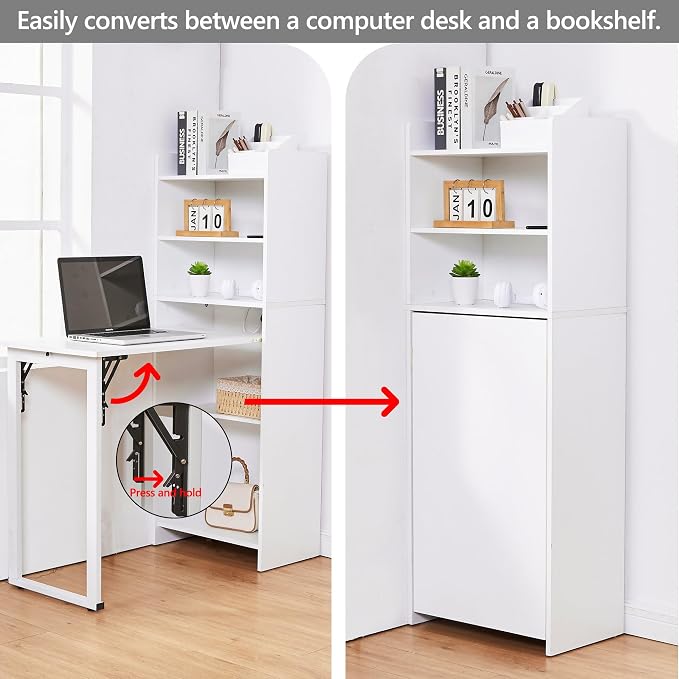 Foldable Desk with Storage,Hidden Desk with Built-in Socket,Fold Out Writing Table for Small Spaces,Home Office and Bedroom (White)