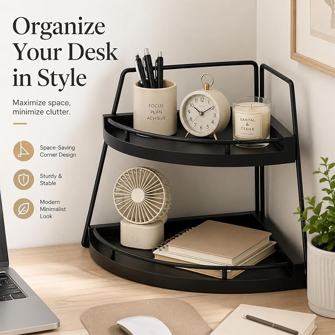2-Tier Triangle Corner Desk Organizer, 9.6 x 9.6 x 12.2 in Black Wood Base and Iron Space-Saving Storage Shelf, Easy Assembly Corner Counter Shelf for Kitchen Countertop, Bathroom Vanity, Office Rack