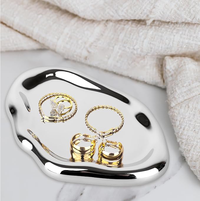 Silver Tray Decorative Vanity Tray Bathroom Tray Jewelry Dish Ceramic Silver Round Plate Holder Makeup Tray Home Organizers Irregular Storage Plate Bathroom Organizer(Long)
