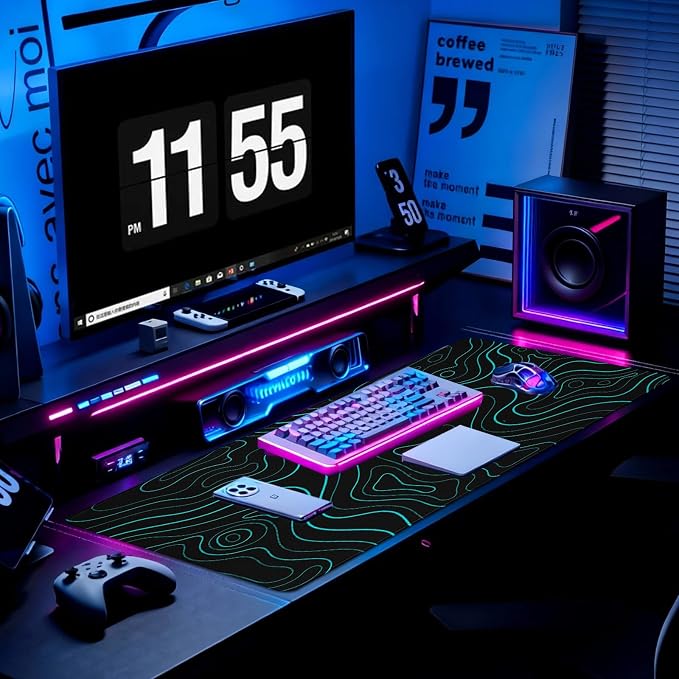 Gaming Desk Mat with Silky Smooth Surface & Exquisite Patterns,31.5x11.8 Inches Large-Sized Mouse Pad, Perfect for Extended Gaming,Work,and Home Office Decor (Blue Topographic Lines)