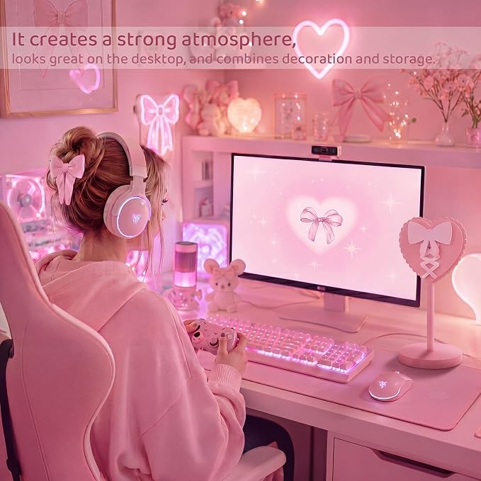 Kingdder Pink Heart Bow Headphone Stand Cute Wood Headphone Stand Adorable Headset Holder Accessories Gamer Gifts for Teenage Women Teacher Girlfriend Office Worker Wife Gamer Room Office Desk