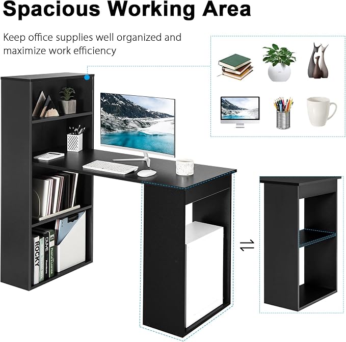 Tangkula Computer Desk with Bookshelf, Writing Study Desk with Storage Shelves & CPU Stand, Modern Compact Computer Workstation for Home & Office, Space-Saving Design (Black)
