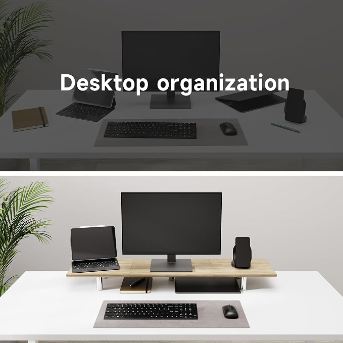 Fenge 39.4 Inch Dual Monitor Stand, Height Adjustable Monitor Riser Stand for Desk, Wooden & Steel Monitor Shelf for 2 Computers up to 99lbs, Stable Desk Organizer for PC Laptop TV, Oak