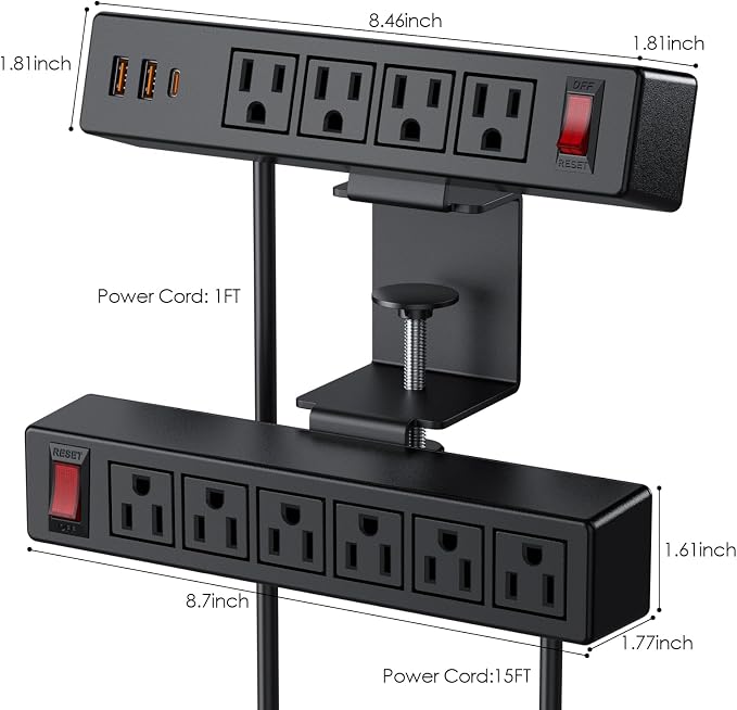 Dual Layer Desk Clamp Power Strip Surge Protector, Under Desk Power Strip with 10AC Outlets & 3 USB(20W USB-C), Desktop Edge Mount Charging Station, 15 Ft Extension Cord for Office Home (ETL Listed)