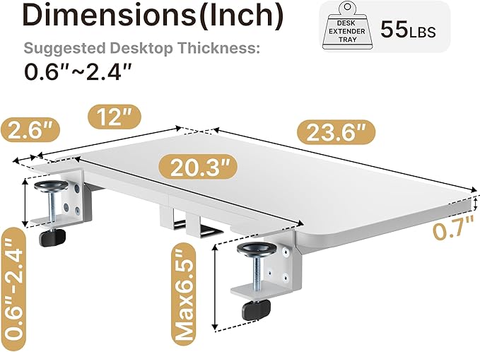 PEGZONE Desk Extender Tray, 24" x 12" Clamp On Shelf, Desk Extension with Laptop Holder, Table Arm Rest, Keyboard Tray for Office and Home, Workstation Organizer, Medium, White