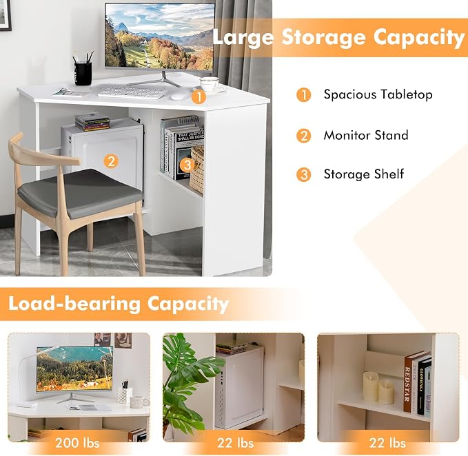 Small Corner Desk, 90 Degree Triangle Computer Workstation with Storage Shelves & CPU Stand, White Corner Vanity for Bedroom, Wooden Table for Small Spaces