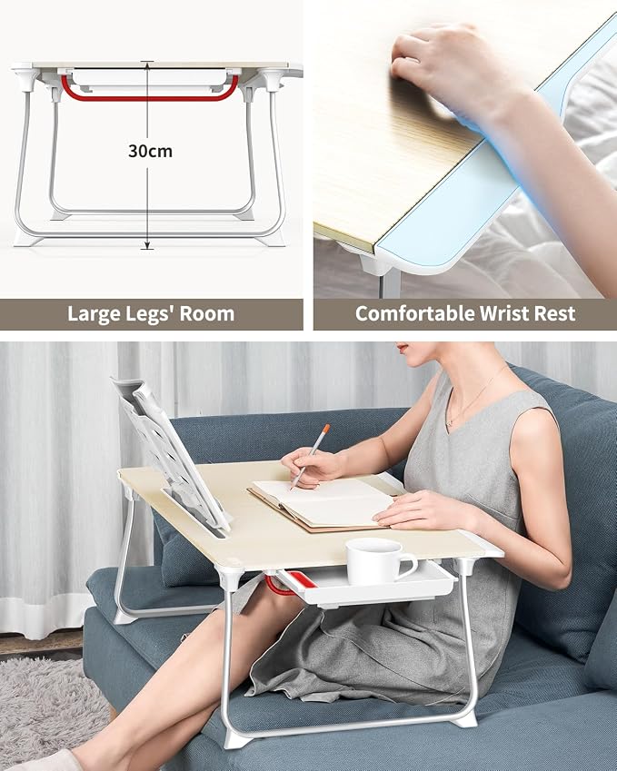 SAIJI Folding Bed Desk for Laptop, Eating Breakfast, Writing, Gaming, Extra Large 25.6" x 19.3" Portable Floor Stand Laptop Desk Table for Adult,Kids, Wood Bed Tray Table Lap Desk