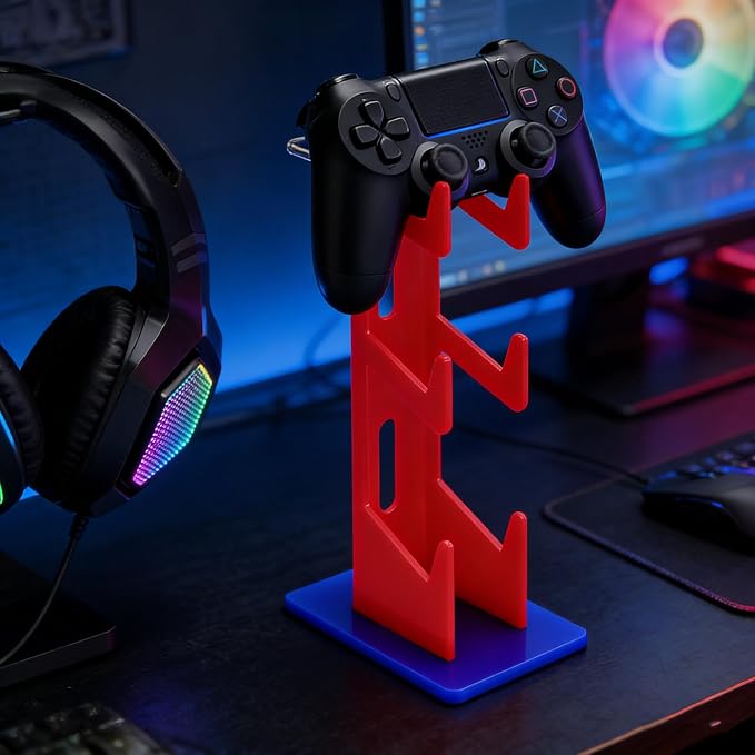 3-Tier Game Controller & Headphone Stand, Black Acrylic Storage Rack, Compatible with PS5/PS4/Xbox Series X/S/Switch Pro Controllers, Desktop Organizer for Gaming Accessories, Red