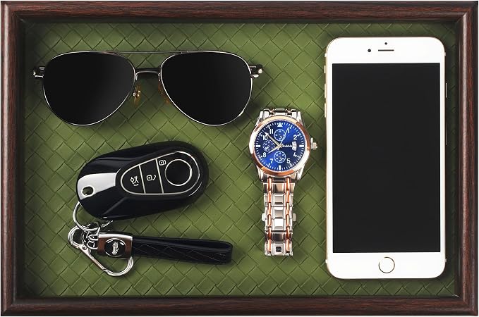 Wooden Valet Tray with Leather Base - Nightstand Catchall Organizer for Cologne, Perfume, Keys, Wallet, Phone, Watch, Jewelry & Sunglasses (Green)