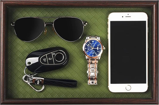 Wooden Valet Tray with Leather Base - Nightstand Catchall Organizer for Cologne, Perfume, Keys, Wallet, Phone, Watch, Jewelry & Sunglasses (Green)