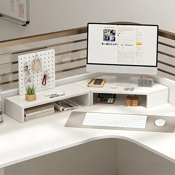 Corner Monitor Stand with Storage Space Triangle Riser Combo Desktop Corner Shelf with Cup Holder Pegboard Office Desk Accessories and Organizer for Office & Home,White,Single Layer