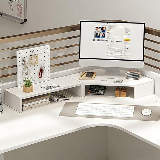 Corner Monitor Stand with Storage Space Triangle Riser Combo Desktop Corner Shelf with Cup Holder Pegboard Office Desk Accessories and Organizer for Office & Home,White,Single Layer
