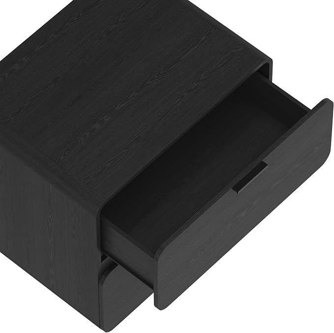 Manhattan Comfort Chrystie Fluted Nightstand 26" Bedside Table with 2 Full Extension Drawers, Rounded Corners, Wood Grain Finish, and Metal Handle Side End Table for Bedroom or Living Room in Black