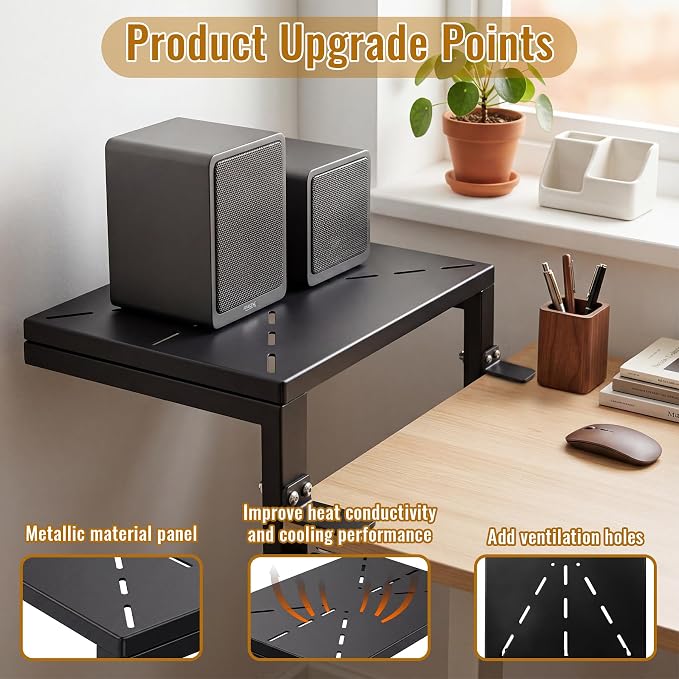 Desk Extender 15 in Clamp on Desk Shelf for Desk Organizer in Office and Game，Metal Desktop Shelf with Ventilation Holes Effective Heat Dissipation，Direction and Height Adjustable