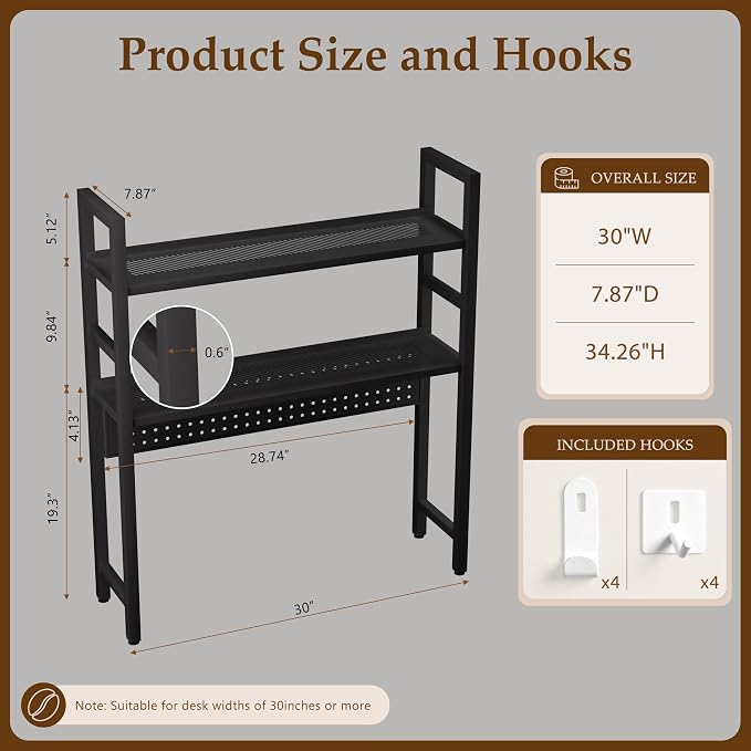 Brakki 2-Tier Desk Shelf, Desk Hutch Bookshelf, Desktop Shelf Bookcase with Pegboard and Hooks for Computer Monitor, Metal Desktop Hutch Storage Organizer for Dorm Home Office, 30" W， Black