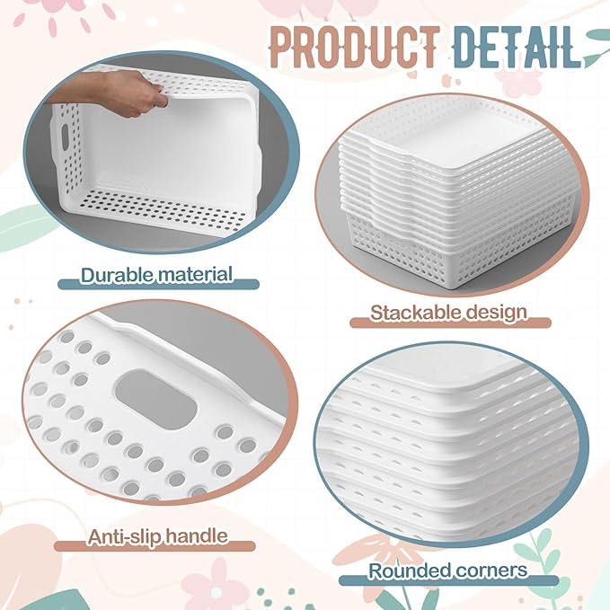 Geetery 6 Pack Classroom Storage Baskets with Handle 14''x10'' Paper Tray Holds A4 Turn in Trays Plastic Paper Baskets Desk Organizer Bin for Classroom, Library, Office, Home (White)
