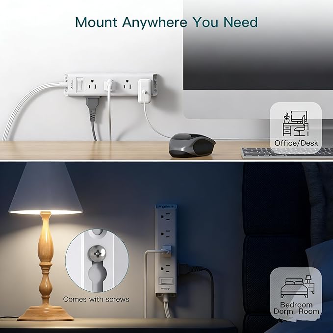 Addtam Flat Plug Extension Cord 10FT, Power Strip Surge Protector with 12 Outlets, 3-Side Wide Spaced Outlet Extender, Wall Mount Desk Charging Station for Home Office Dorm Room, White