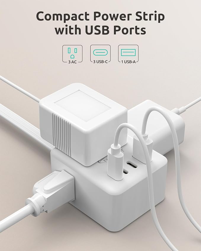 NUTICT 10FT Long Extension Cord with Outlet Cover, Flat Plug Power Strip with 3 Outlets & 3 USB-C & 1 USB-A Port, Wall Mountable, Ideal for Home Improvement, Hide Bulky and Messy Cords, White