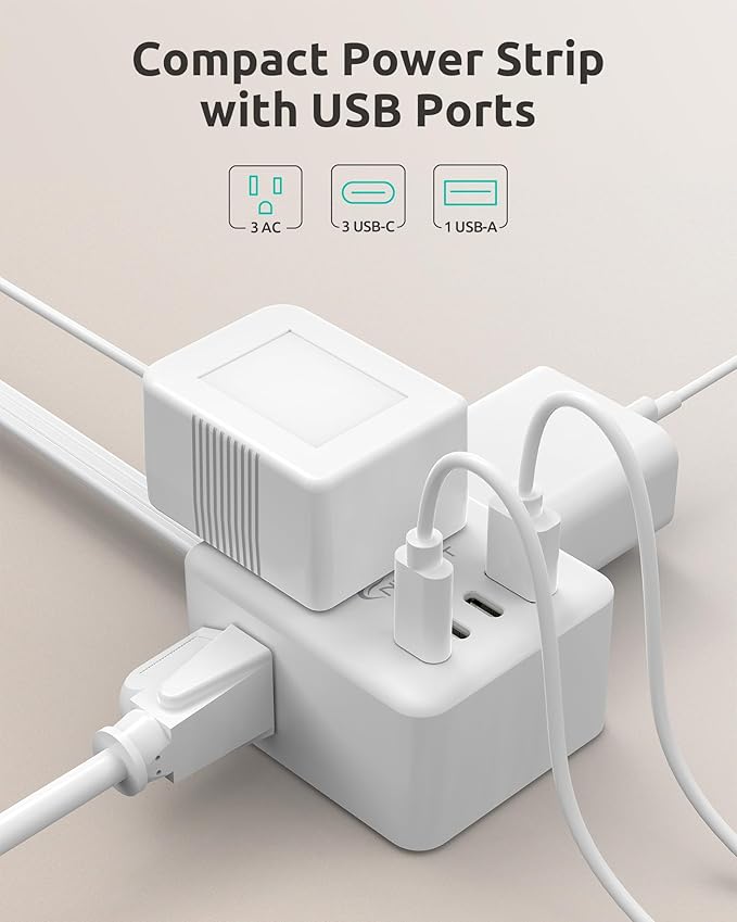 NUTICT 8FT Extension Cord with Ultra-Thin Outlet Cover, Flat Plug Power Strip with 3 Outlets & 3 USB-C & 1 USB-A Port, Wall Mountable, Hide Bulky and Messy Cords Behind Furniture Tight Spaces, White