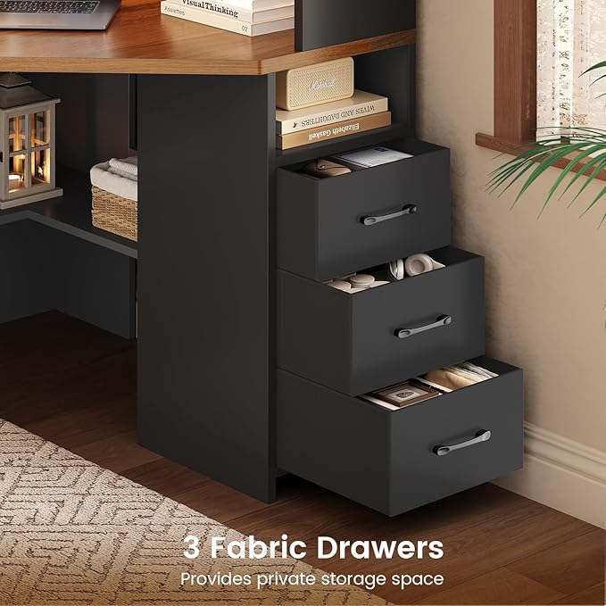 SEDETA 31.5" Corner Desk for Small Space, Corner Gaming Desk with 3 Drawers & LED Lights, Corner Desk with Hutch, Corner Computer Desk with Storage Shelves for Home Office, Black + Brown