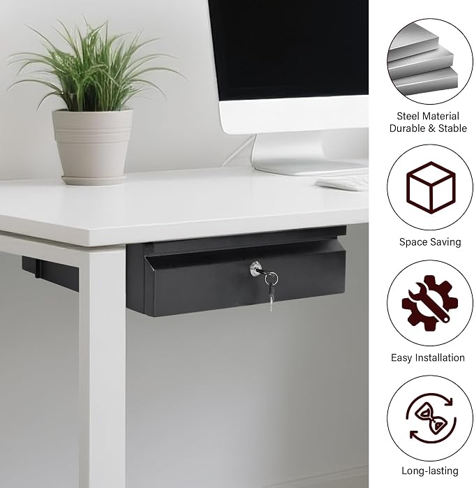 Under Desk Drawer 15.7" x 11.8" x 4.3" | Under Desk Pull Out Drawer with Lock and Keys, 4.3” & 7.5” Optional Bracket Height, Storage Organizer for Workbench