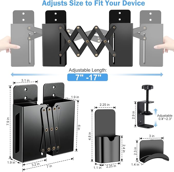Desk Side Storage，Under Desk Clamp-on Vertical Laptop Holder,7-17 Inch Length Adjustable with Pen & Headphone Holder,No Drill Storage Shelf for Desk，Fits Table Edge 0.4" to 2.3"(Black)