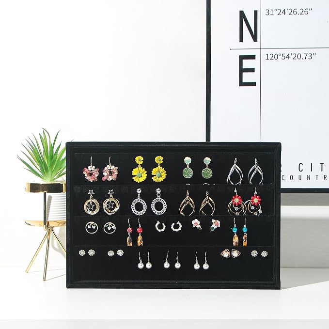Coward 2PC Black Velvet Stackable Earring Tray Drawer Jewelry Holder Organizer Box Storage Earring Display Stand for Home Drawer or Store Selling (earring+earring)