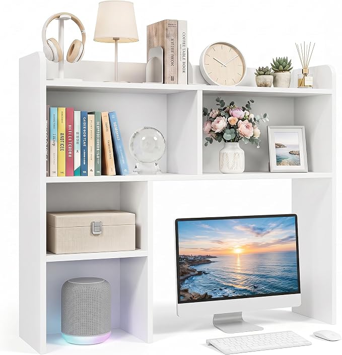 SUPER DEAL Desktop Bookshelf, Countertop Storage Hutch with 3 Shelves for Computer Desk, 2-Tier Display Rack, Multipurpose Wood Desk Hutch Storage Organizer for Home Office Dorm, White