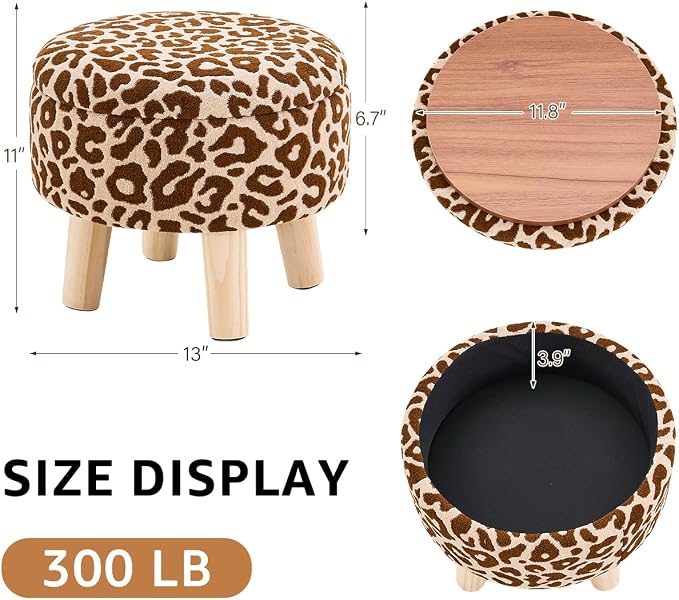 Wimarsbon Storage Ottoman, Modern Round Footrest with Soft Padded Seat, Pattern Velvet Footstool with Wood Legs, Accent Small Table or Plant Stand for Hallway, Living Room (Khaki)