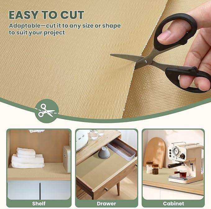 Drawer Liner and Shelf Liner for Kitchen Cabinet Liner Non-Adhesive Non-Slip Shelf Paper, Thick Strong Grip Waterproof Easy to Clean for Shelves, Cupboard, Desks, Khaki, 12 in x 10 FT