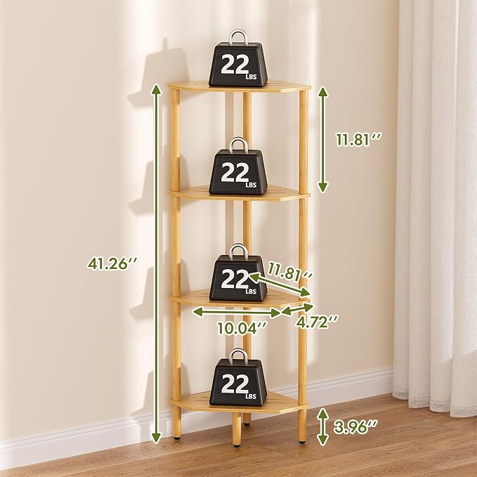 Corner Shelf Stand, 4 Tier Bamboo Corner Organizer, Narrow Tall Bookcase, Corner Shower Caddy, Plant Display Shelf, Open Storage Shelves for Living Room, Kitchen, Office, Balcony, Bathroom