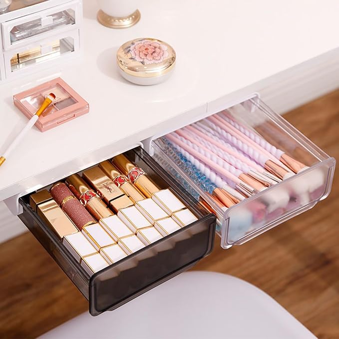 Davidsons Collection Self-adhesive Under Desk Drawer, 2 Packs Table Hidden Organizer Slide Out Large Storage Desktop Pencil Tray for Office Home School Kitchen , Matte Black