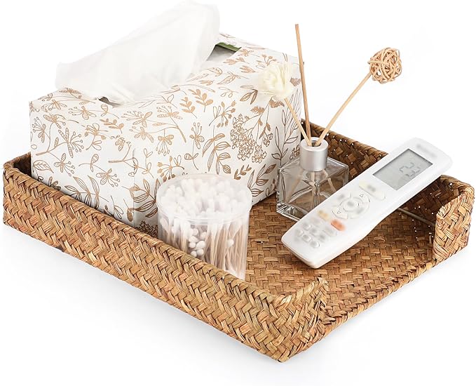 BTSKY Multipurpose A4 File Tray Natural Seagrass Desk Tray Organizer Woven Letter Size Desk Documents Trays Magazine Files Storage Basket Organizer Bin for Office Cosmetics Bathroom, Caramel