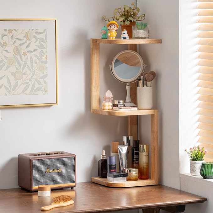 Corner Shelf Stand Desk Organizer,26.8" H Rubberwood Brown Rack for Small Spaces, Bedroom,Home Office,Kitchen,Bathroom (Natural, 3 Tier)