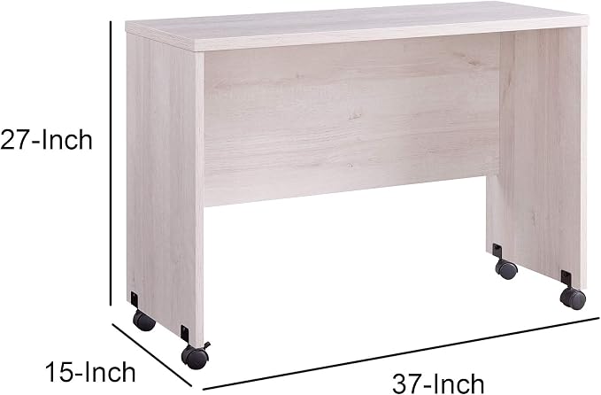 Benjara Rectangular Wooden Desk Return with Casters and Grain Details- White Oak
