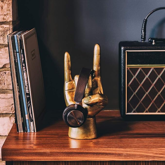 Luckies Headphone Stand - Headphone Holder - Rock On Hand - Headset Stand - Mens Jewellery Holder - Mens Desk Accessories - Controller Holders - Guitar Accessories - Desk Tidy - Dad Rock Gifts - Gold
