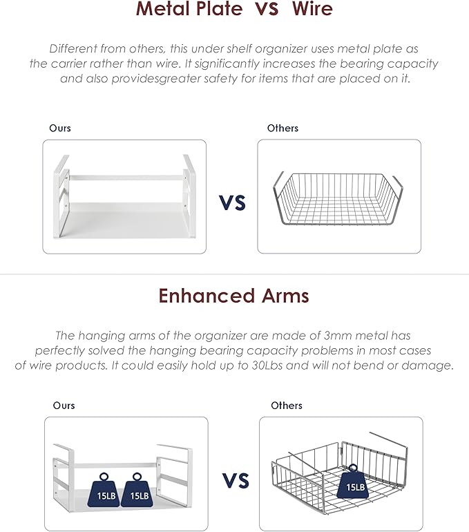 Nxconsu Under Shelf Basket Storage Organizer 2 Pack, Medium 13.4" White | Heavy-Duty Metal Under Shelf Basket Holds 30 lbs, No-Drill Knob-Lock Storage Organizer for Kitchen Cabinet Pantry Cupboard