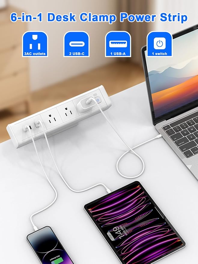 Desk Clamp Power Strip 3 Outlet 2PD20W USB-C Ports,1 USB-A Ports,Desktop Edge Mount Outlet Spaced Surge Protector Fast Charging Station, 6.6 Ft Extension Cord for Office Home. (White)