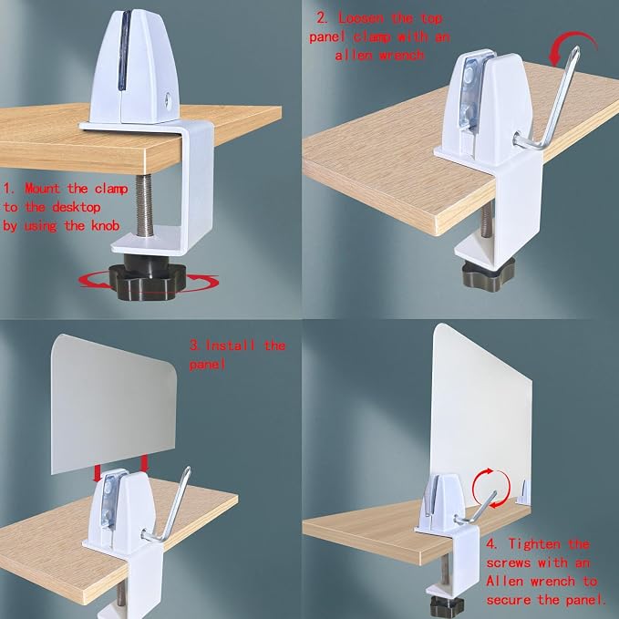 Divider Clamp For 1/8" To 0.51" Panel, Adjustable Partition Clamp For 0.32" To 2.04" Desktop, Standing Desk Accessories For Privacy Folders, White Sneeze Guard Holder 2-Pack