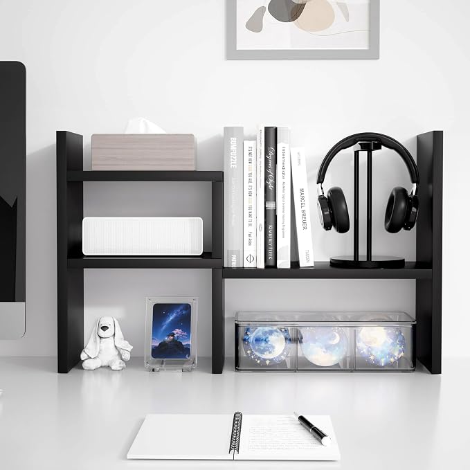 Jerry & Maggie Desktop Organizer Office Storage Rack Adjustable Wood Display Shelf 2 Shelves Free Style Rotation Display Natural Stand Black 2 Pack