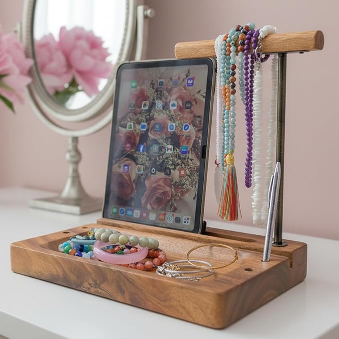 Solid Acacia Wood Multiple Headphone Stand – Multi-Device Holder for iPad, iPhone, Tablets & Phones, Desk Organizer with Tray, Pen & Pencil Holder, 1.5" Thick Base, Wooden Tech Dock