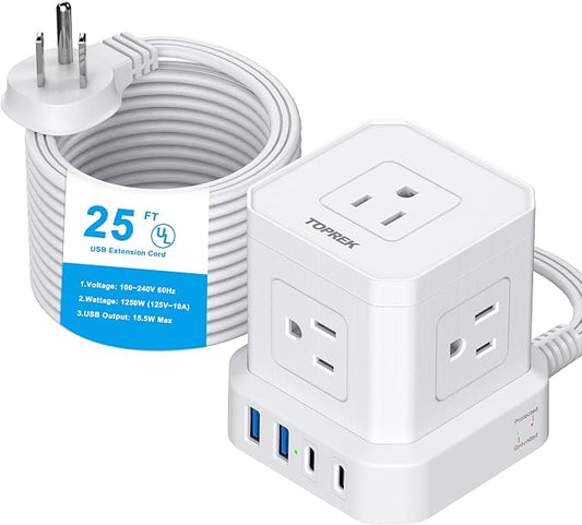 TOPREK Power Strip 25 FT Extra Long Extension Cord | Flat Plug Surge Protector (700J) with 5 Outlets, 2 USB-C, 2 USB-A for Apartment, Home Office, Recreational Vehicle