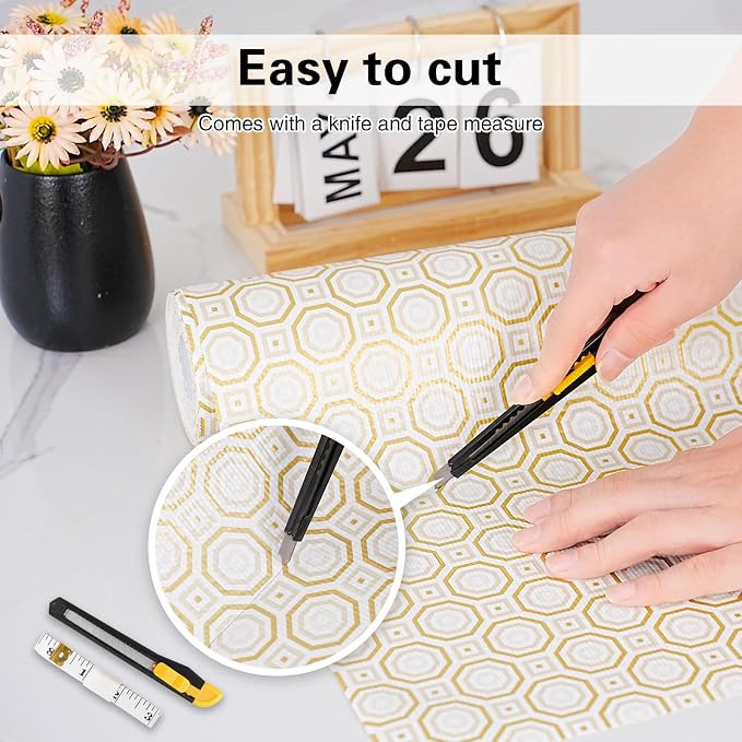 Drawer and Shelf Liner for Kitchen Cabinet,Non-Adhesive Cabinet Liner 12in x 20FT,Waterproof Shelf Paper Non-Slip Mats Cupboard Liners Contact Protect Dresser/Shelves/Table-Gold Octagonal
